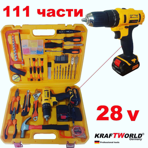 Акумулаторен Винтоверт KRAFT GERMANY 28 V + 111 части / бормашина с инструменти в куфар