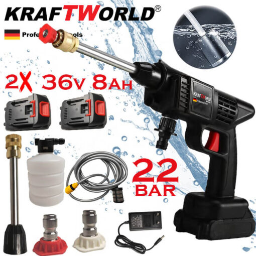 Акумулаторна Водоструйка KraftWorld 22 Бара, 2бр Батерия 36V 8Ah, Зарядно и Аксесоари в Преносим Куфар